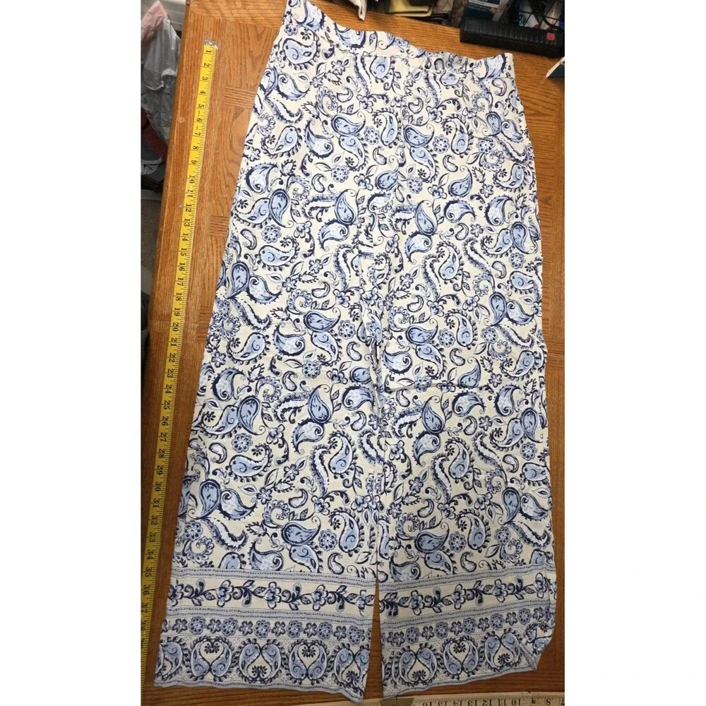 Zara Wide Leg Linen Pants Paisley Blue And White Size XL